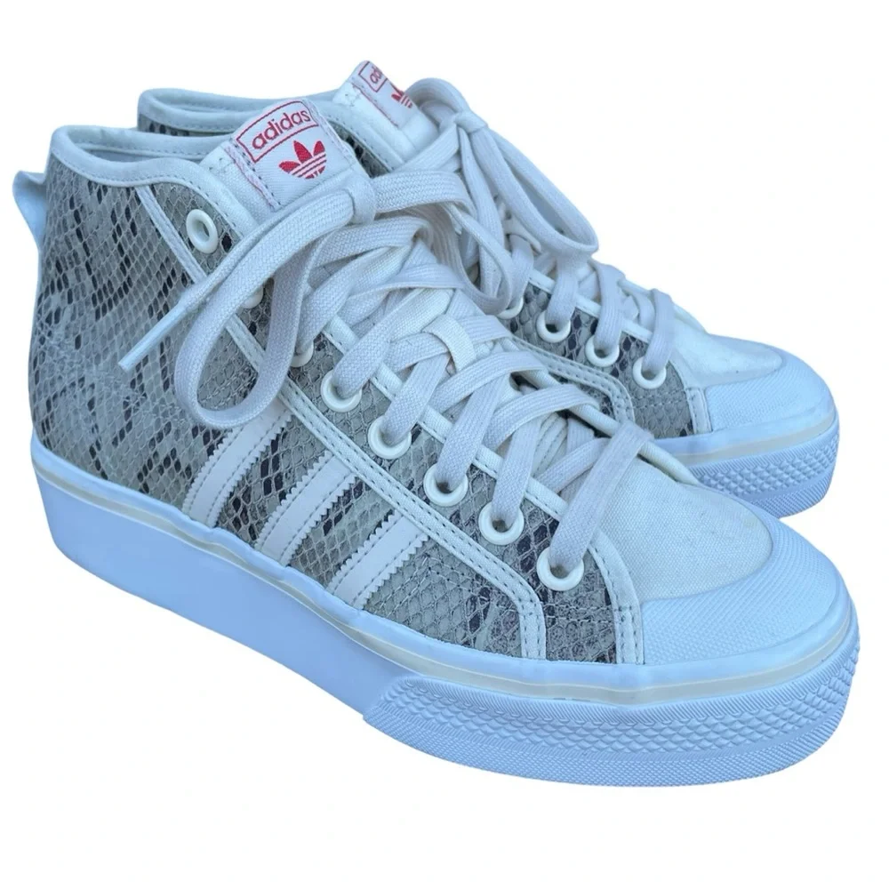 Adidas Nizza Mid Form Lace Up Platforms in Snakeskin and White Size 7.5